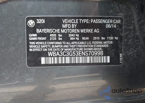 2014 BMW 320I xDrive из США, поврежденный, VIN WBA3C3G53ENS70998